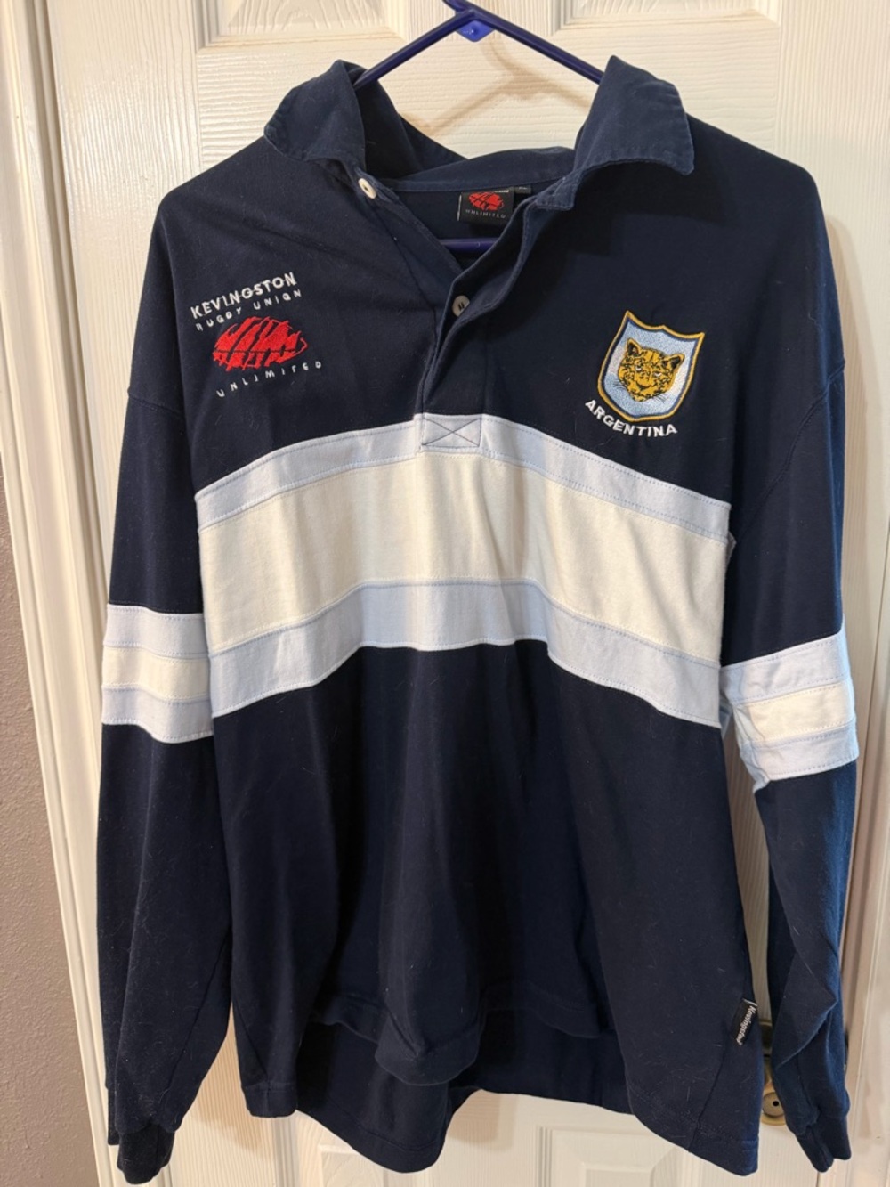 Kevingston Argentina Navy & White Rugby Union Brand Long Sleeve Polo Shirt